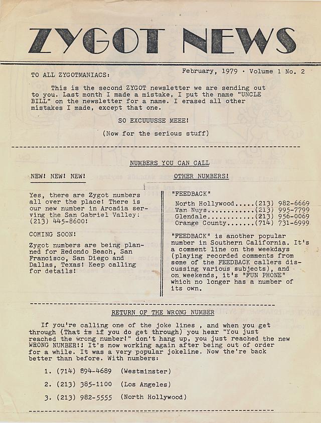 Zygot News Issue #2 February 1979 Page 1