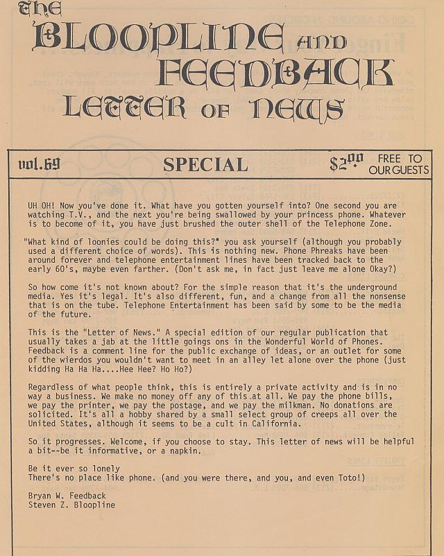 Feedback / Bloopline Letter Of News Volume 69 Issue 1 Page 1