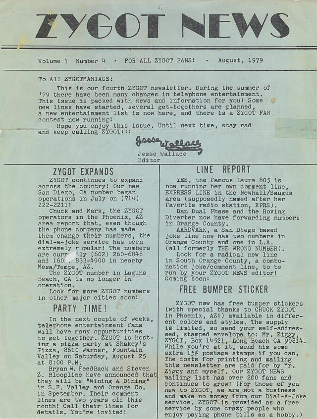 Zygot News Issue #4 August 1979 Page 1